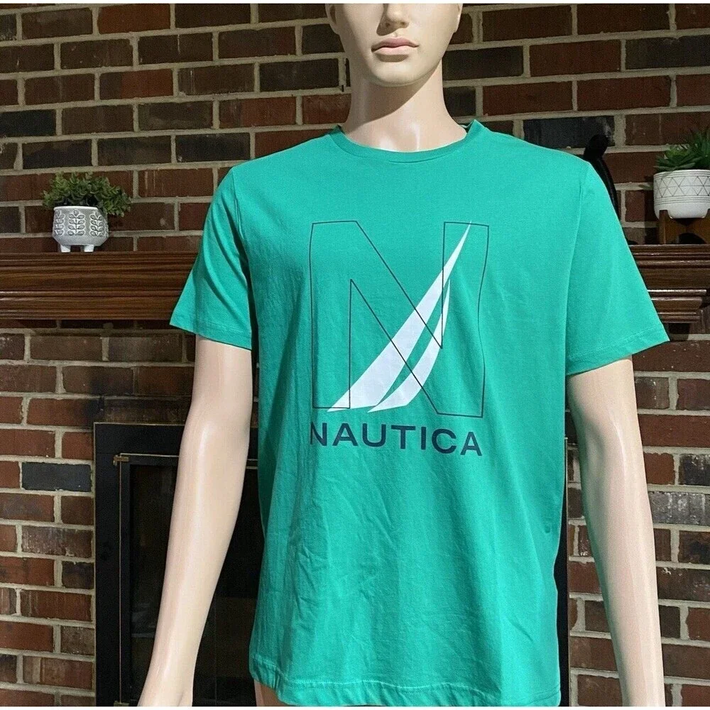 Nautica Shirt Men Adult Small green Casual Outdoor Cotton Logo Short Sleeve New